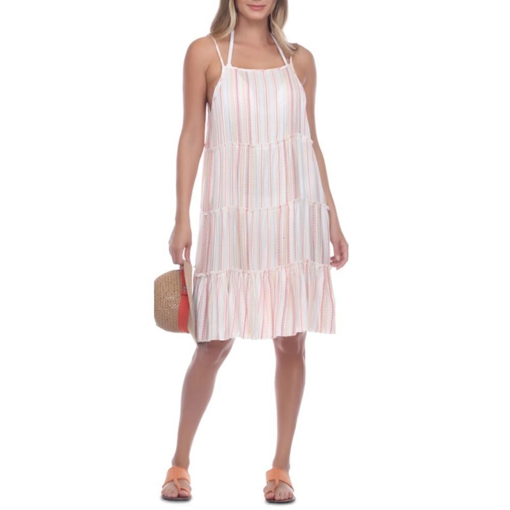 Raviya Orange Striped Square Neck Adjustable Tiered Swimsuit Cover Up Small NWT